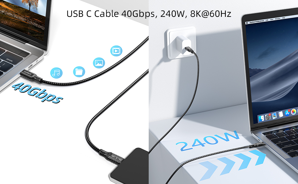 USB C 40Gbps Data Transfer Cable 240W PD Fast Charging 8K/4K HD Video Monitor Cable