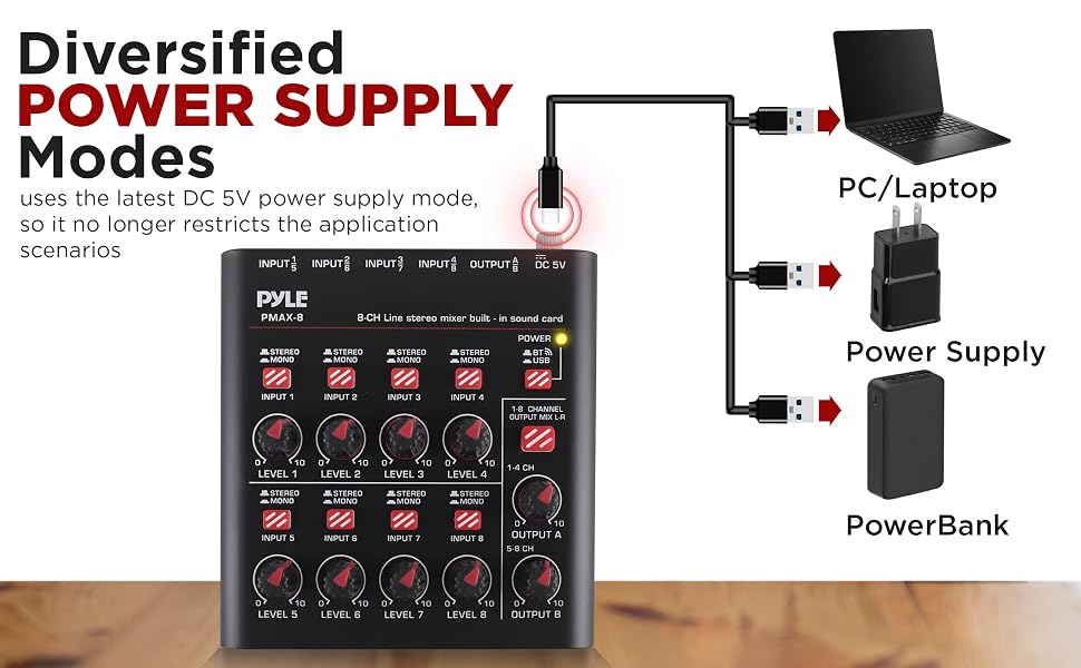 8-Channel Wireless BT Streaming Mini Line Mixer with USB Audio Interface