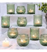 DARJEN 12Pcs Green Votive Candle Holders - Glass Tea Light Candle Holder for Wedding Shower, Cand...