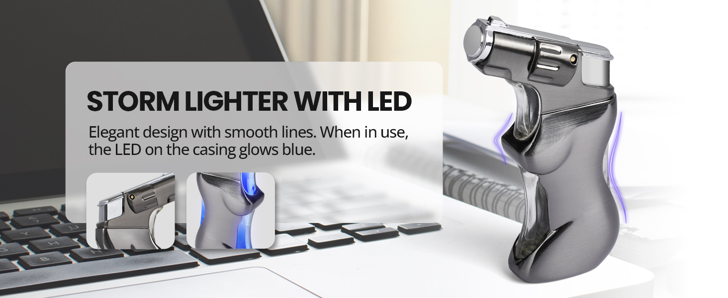 YUSUD Refillable Torch Lighter with Visible Fuel Window - Cool Blue LED Light Design