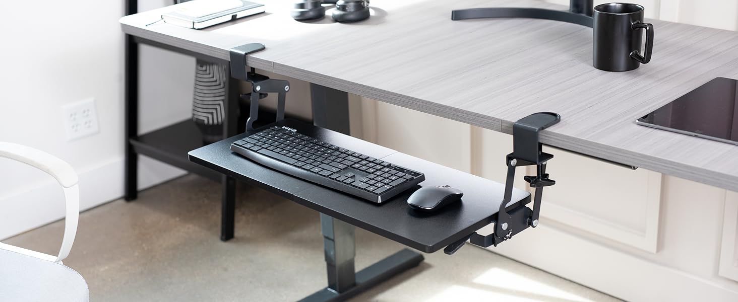 Clamp-on Keyboard Tray with Swinging Height Adjustment