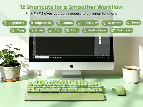 Green retro keyboard and mouse with 12 shortcut keys for smoother workflow.