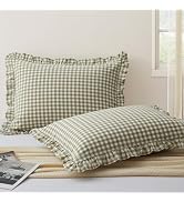 KKJIAF 2 Pcs Plaid Ruffle Pillow Case Standard Size, Washed Cotton Gingham Ruffled Euro Sham Pill...