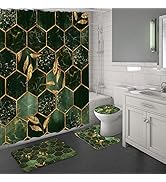 MitoVilla 4 Pcs Emerald Green Bathroom Sets with Shower Curtain and Rugs and Accessories, Modern ...