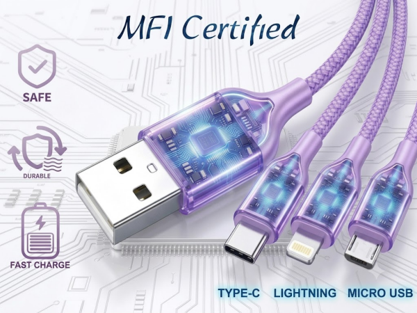 mfi certified purple multi charging cable 3 in 1 usb c cell phone charger cord usb to usb c