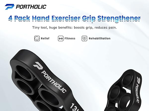 Portholic 4-pack hand exerciser grip strengthener. Black rubber devices with finger holes. Product claims to boost grip, reduce pain, and aid in fitness and rehabilitation.