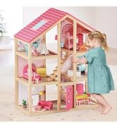 Tiny Land Wooden Dollhouse for Girls - 6 Rooms Wooden Doll House, DIY Pretend Dream House with 30...