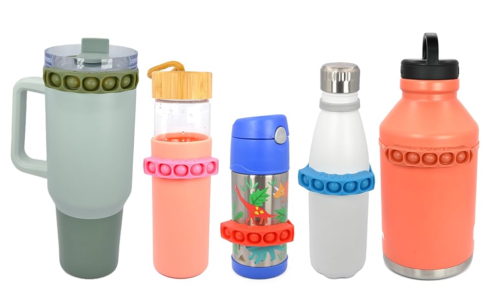 Five different sized bottles each with GWaT water tracker attached.