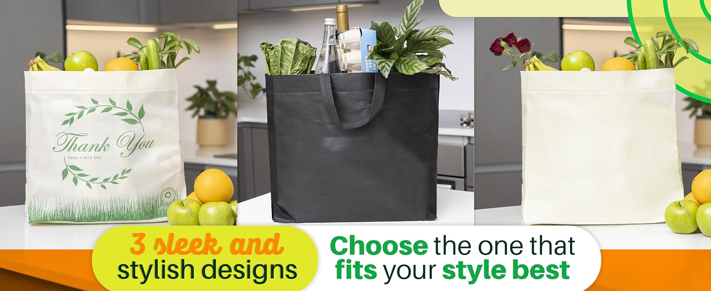 Three different style shopping bags with grocery items in every single one