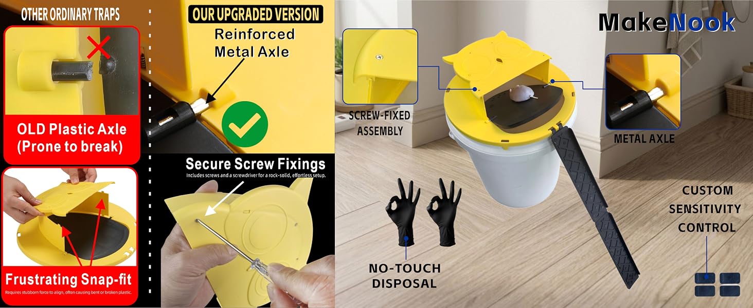 Upgraded 2-pack bucket lid mouse trap kit with metal axles, screws, weight plates, nitrile gloves.