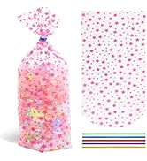 Somioco 100 Pcs 6 “X10” Bottomed Cellophane Goodie Bags Pink Star Prints Party Favor Bags Clear C...