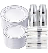 realluck 350 PCS White and Silver Plastic Dinnerware Set for 50 Guests, 100 Disposable Plates for...