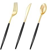 I00000 60 Pcs Gold Silverware Set - Gold Plastic Silverware - Heavy Duty Black and Gold Plastic S...