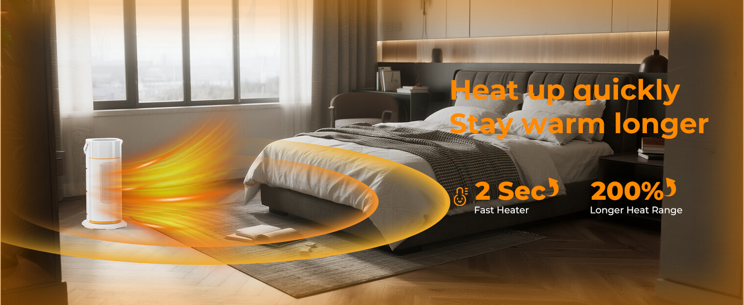Text reads 'Heat up quickly', 'Best warm longer', '2 Sec!', '200%'. Product heating demonstration with orange glow effects showing rapid warming capability.