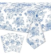 3 Pieces 54x108 Inch Blue White Floral Rectangle Plastic Tablecloth, Disposable Elegant Flower De...