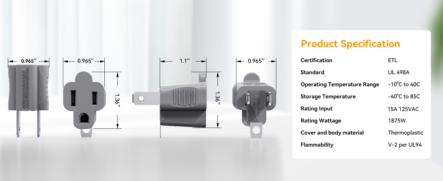 Prong Converter, Polarized Grounding Plug Adapter for Home Office Travel