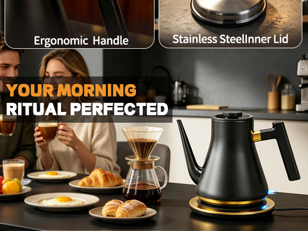 Happy couple enjoying morning ritual with stainless steel gooseneck electric kettle at dining room