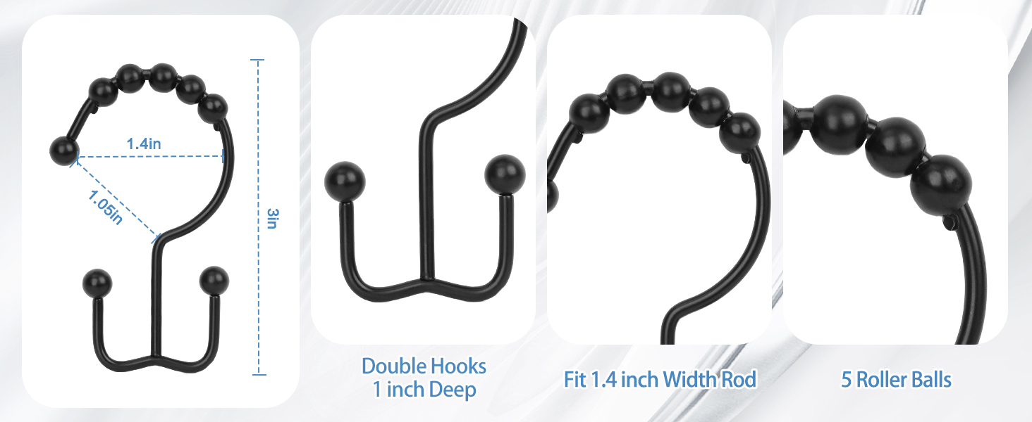 Double Glide Shower Hooks Rings, stainless steel shower curtain rings, rust resistant hooks