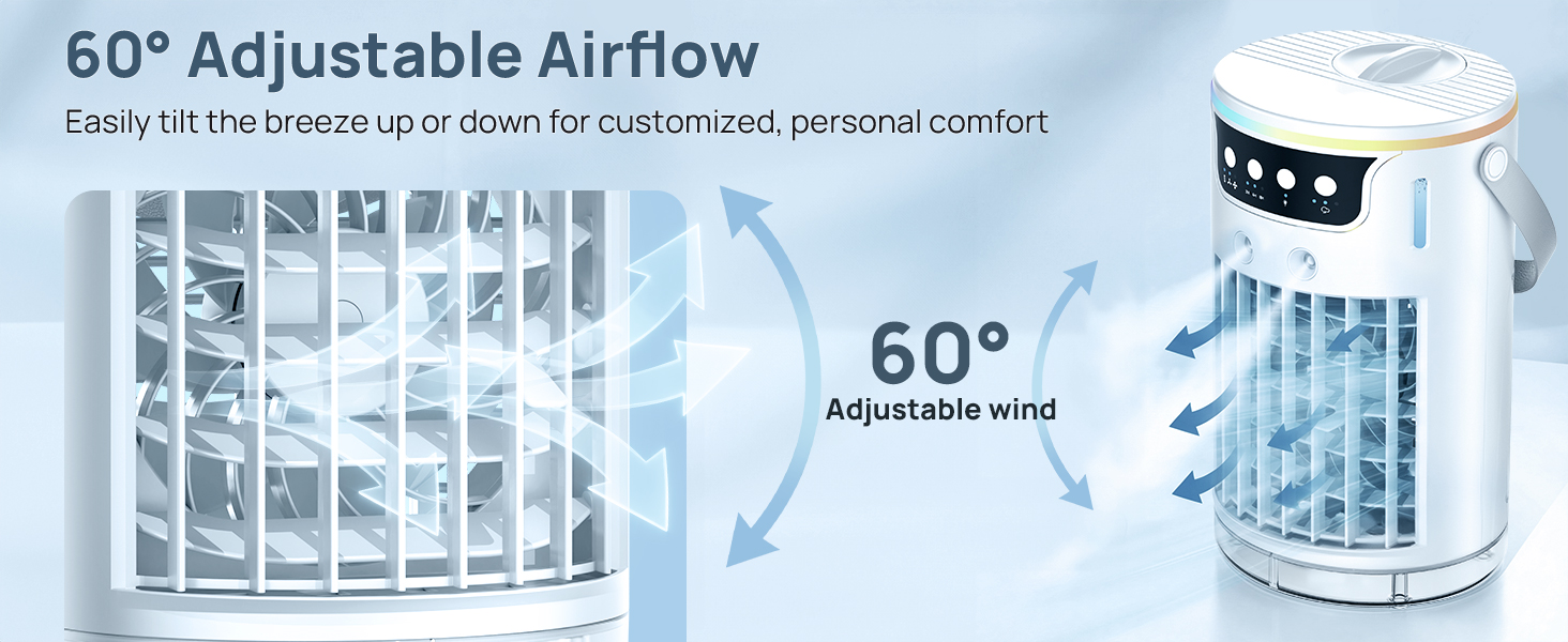 portable ac unit for bedroom features 60-degree adjustable louvers for targeted icy mist.