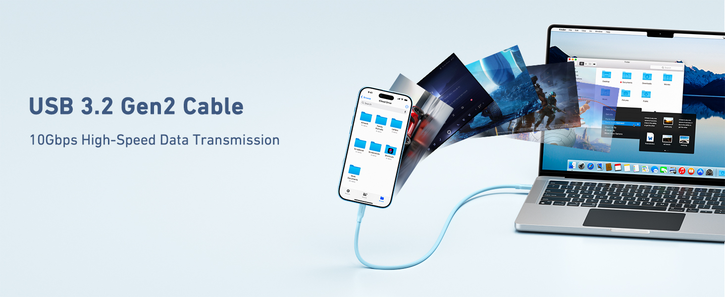 Text reads 'USB 3.2 Gen2 Cable, 100bps High-Speed Data Transmission.' Cable connected to smartphone and laptop displaying data transfer capability.