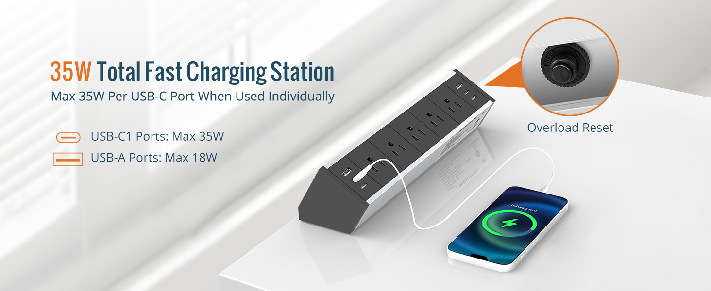 Desk Clamp Power Strip 5 Outlet with 2 USB A and 4 USB C Ports