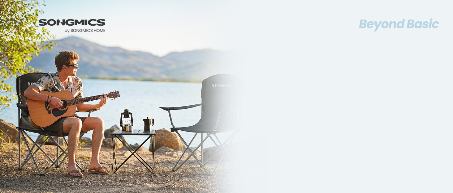 Text reads 'DOMETIC' and 'Beyond Borders'. Camping scene showing people at a beach campsite with camping equipment and outdoor recreational setup during daytime.