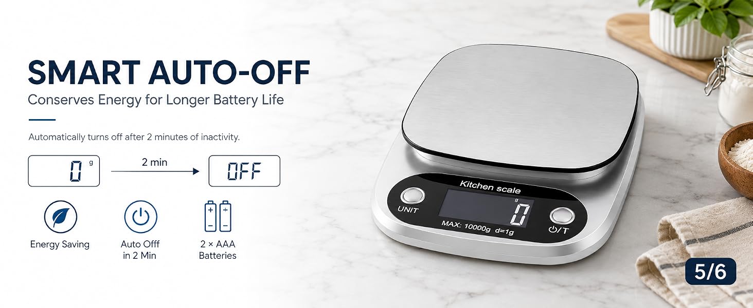 Digital kitchen scale with a smooth stainless steel surface that wipes clean easily.
