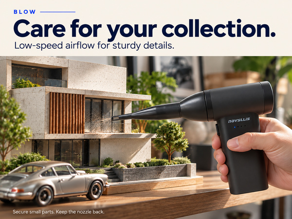 Electric air duster using low-speed airflow to clean sturdy details on a model house