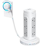 TROND 360 Rotating Plug Power Strip Tower with 5ft Retractable Cord, White | Space-Saving Vertica...