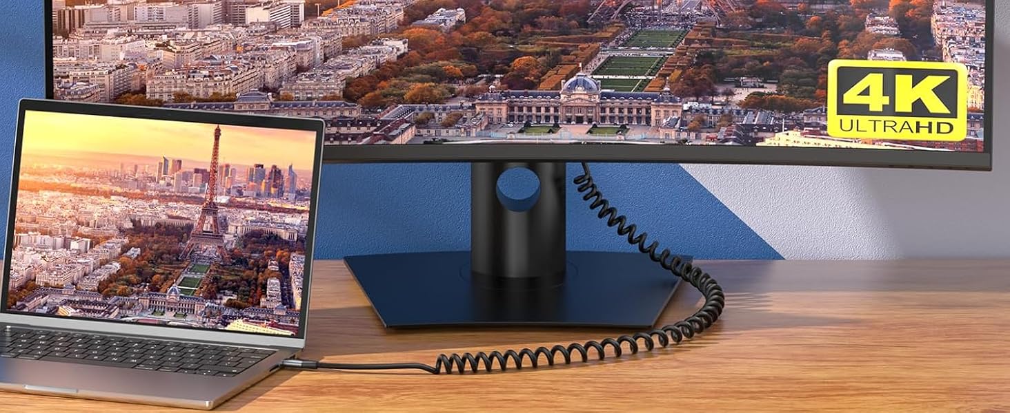 Coiled Type C to Type C Male to Male Scalable Spring Spiral Cord Support 4K@60Hz Video