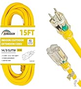 HONDERSON 15FT 14/3 Lighted Outdoor Extension Cord - 14 Gauge 3 Prong SJTW Heavy Duty Yellow Exte...