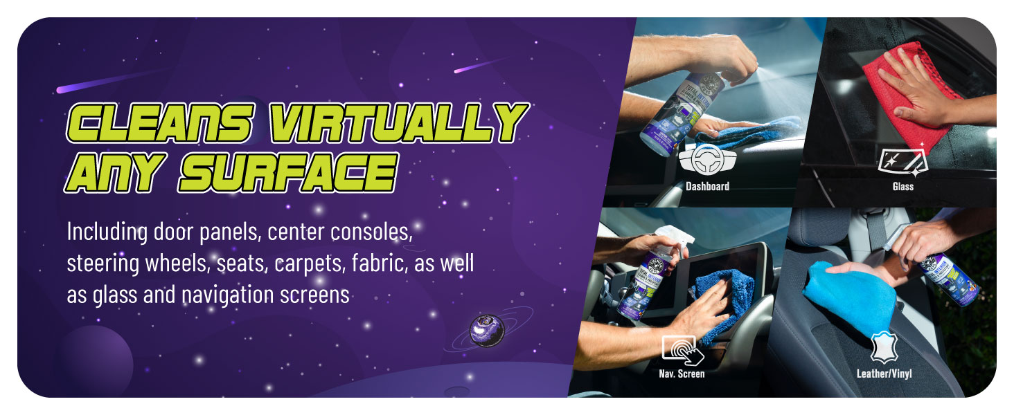 Spray detailer for cleaning leather, vinyl, plastic, and fabric with a fresh galactic woodsy scent