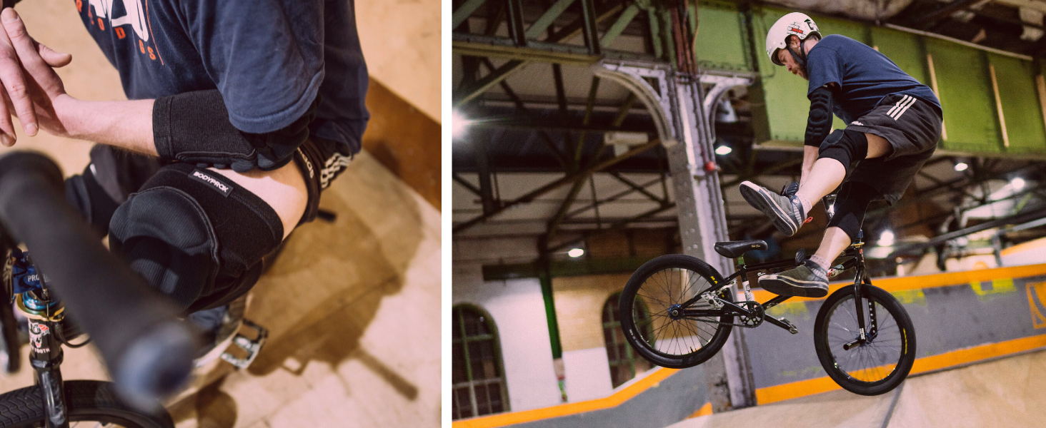 BMX rider in the air wearing BODYPROX protective gear