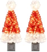 Goplus 4 FT Pre-Lit Christmas Tree for Entrances, Set of 2 Artificial Potted Santa Hat Xmas Tree ...