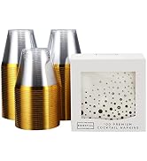Essential Concierge Stylish Gold-Rimmed Plastic Cups, 9 oz - 100 Disposable with Gold Napkins