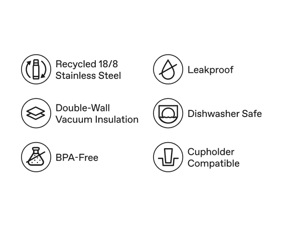Dishwasher Safe, Leakproof, Cupholder Compatiable, BPA-Free, Recycled 18/8 Stainless Steel