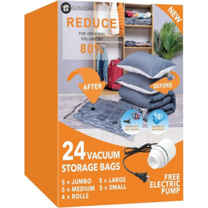 24 Pack Vacuum Storage Bags with Electric Pump,