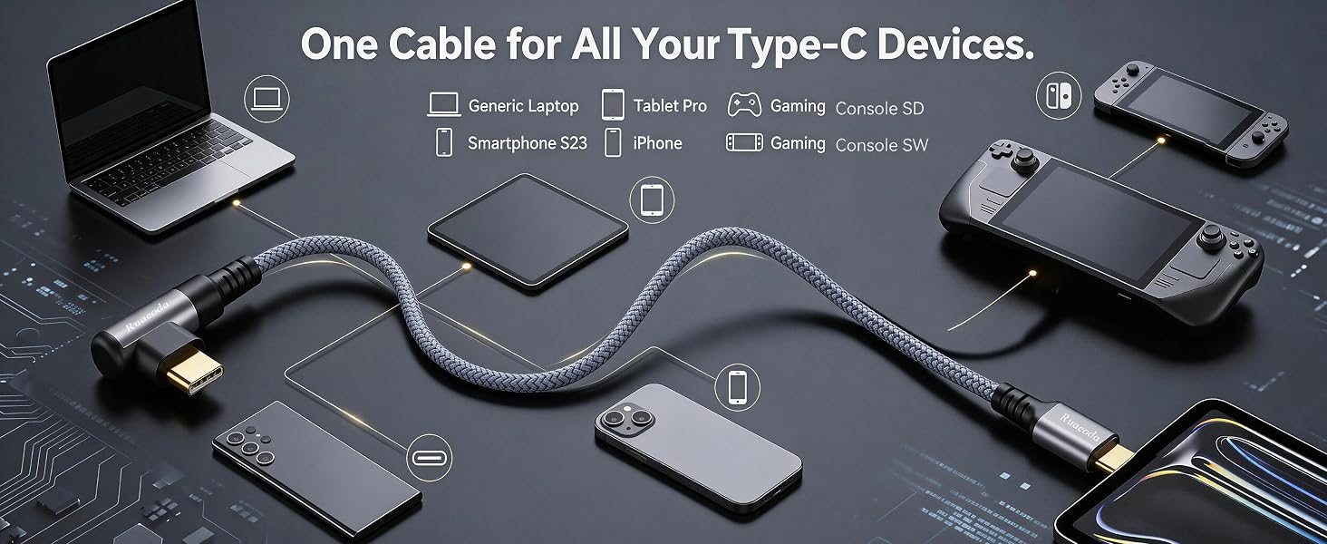 60W Fast Charging Right Angle cable, iPhone 15/16, Samsung Galaxy S24, iPad Pro, Steam Deck.