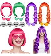 PLULON 12 Pcs Short Bob Wigs Long Curly Hair with Heart Sunglasses and Hair Cap for Women, Neon W...