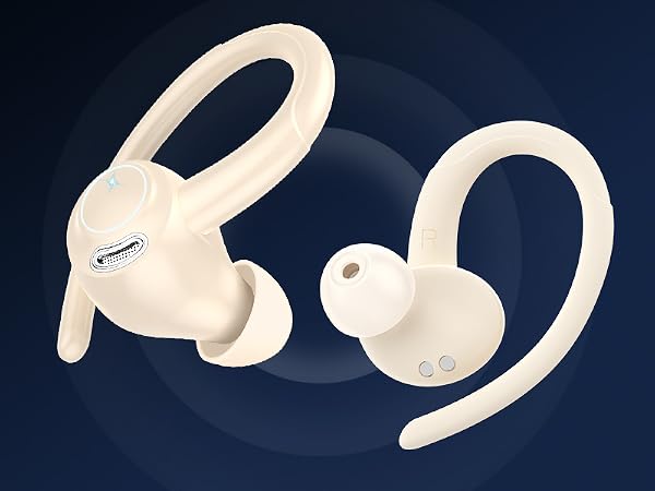 Wireless earbuds with over-ear hooks in white color, displayed against a dark background. Designed for secure fit during activity.