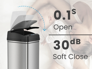 iTouchless sensor trash can with fast-open, silent soft-close lid