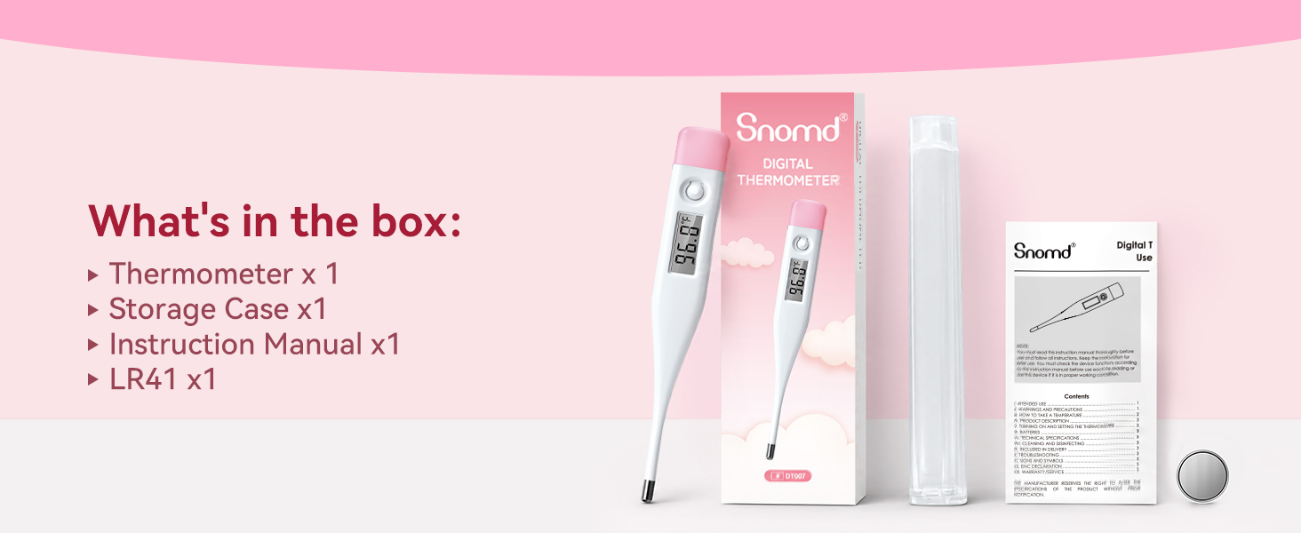 What's in the box: Thermometer x 1, Storage Case x1, Instruction Manual x1, LR41 x1