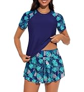 Tournesol Women's 2 Piece Rash Guard Short Sleeve Swim Shirts UPF 50+ Built in Bra Swimsuit with ...