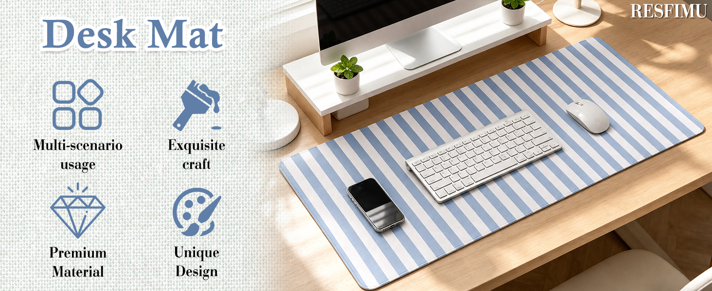 Blue Striped Desk Mat XXL Large Mouse Pad Cute Desk Pad