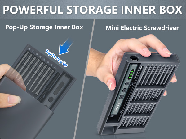 Two-panel image of a compact storage box for screwdriver bits. Left panel shows pop-up mechanism, right panel displays integrated mini electric screwdriver with LED screen and multiple bit storage slots.