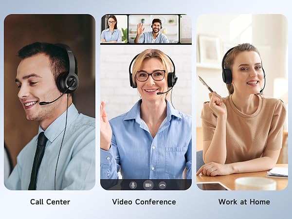 Computer Headset with Microphone for PC, USB Headset with Noise Cancelling Mic Black