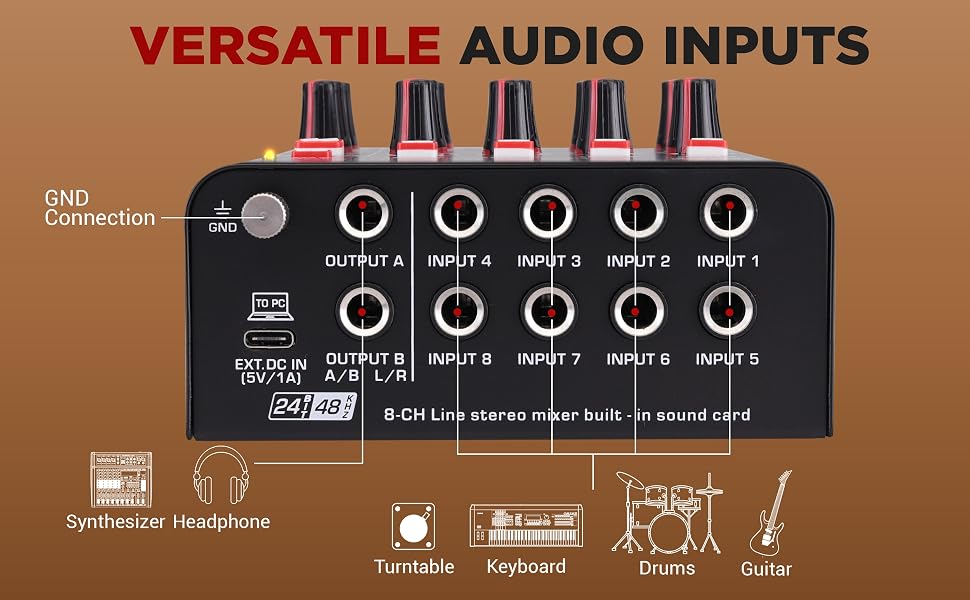 8-Channel Wireless BT Streaming Mini Line Mixer with USB Audio Interface