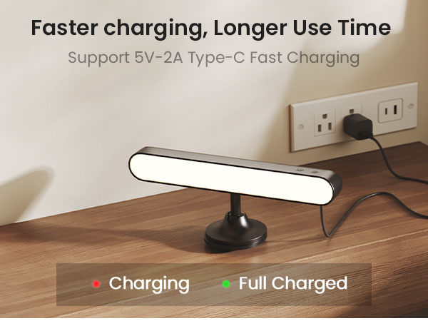 Rechargeable wall light charging via USB-C on nightstand with battery status indicators.
