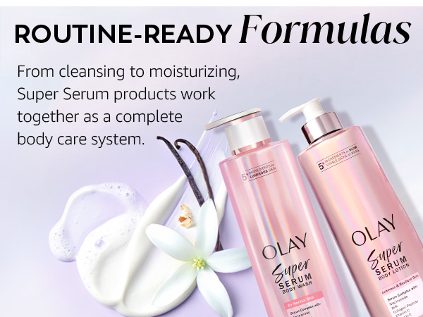 Olay Super Serum bottles on a purple background with flower and cream