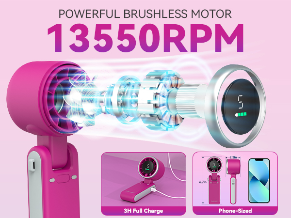 Powerful small fan brushless motor phone sized portable fan for travel compact magenta travel fans